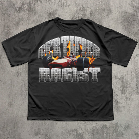 Black t-shirt with a graphic of a race car and flames on a concrete background