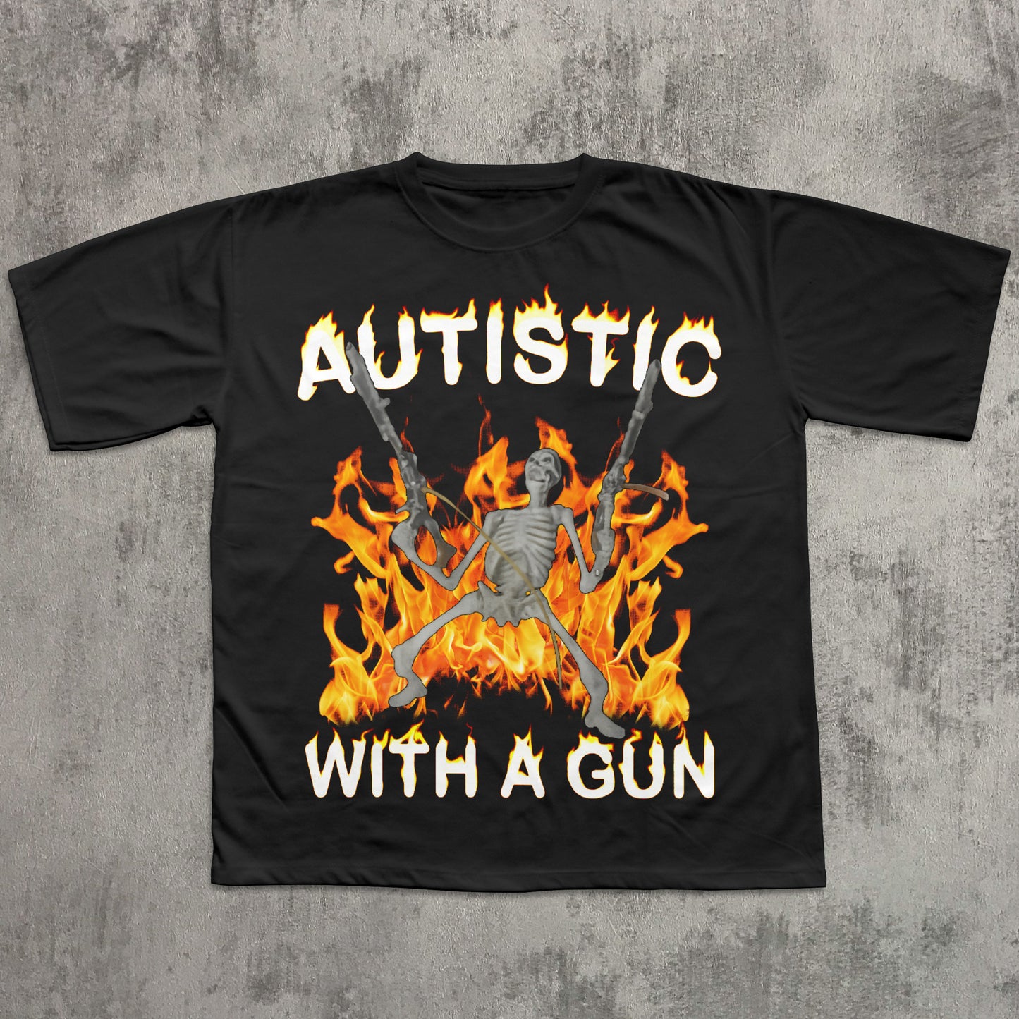 Black t-shirt with a graphic design of a skeleton holding guns in flames on a concrete background
