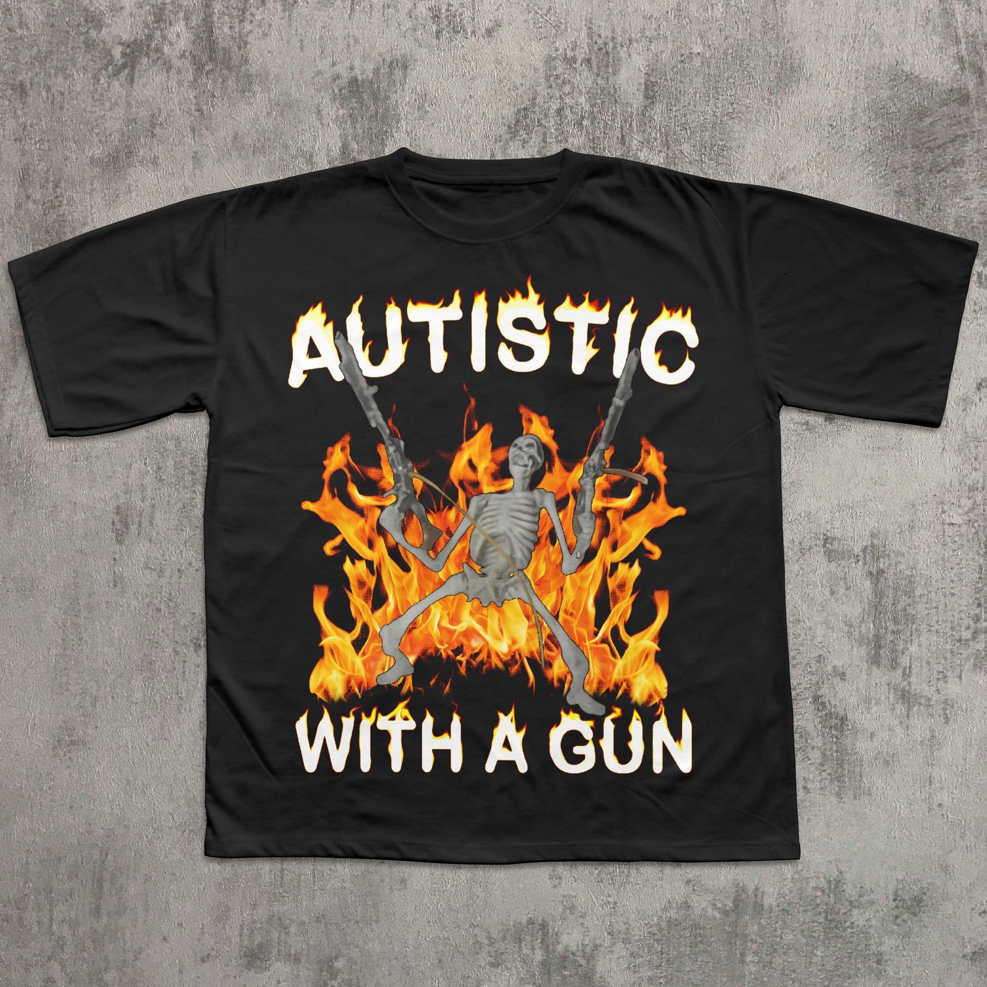 Black t-shirt with a graphic design of a skeleton holding guns in flames on a concrete background