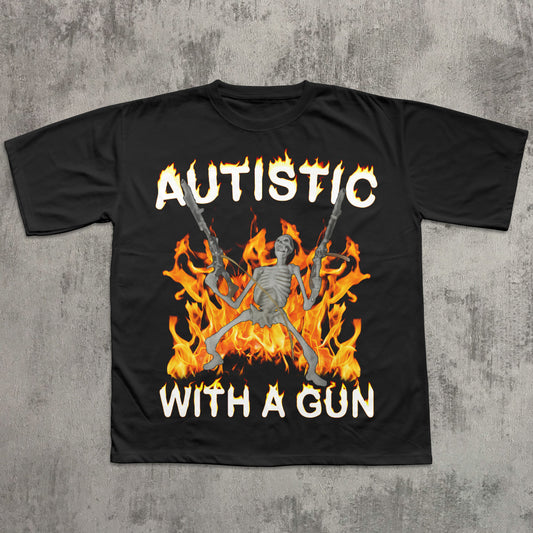 Black t-shirt with a graphic design of a skeleton holding guns in flames on a concrete background