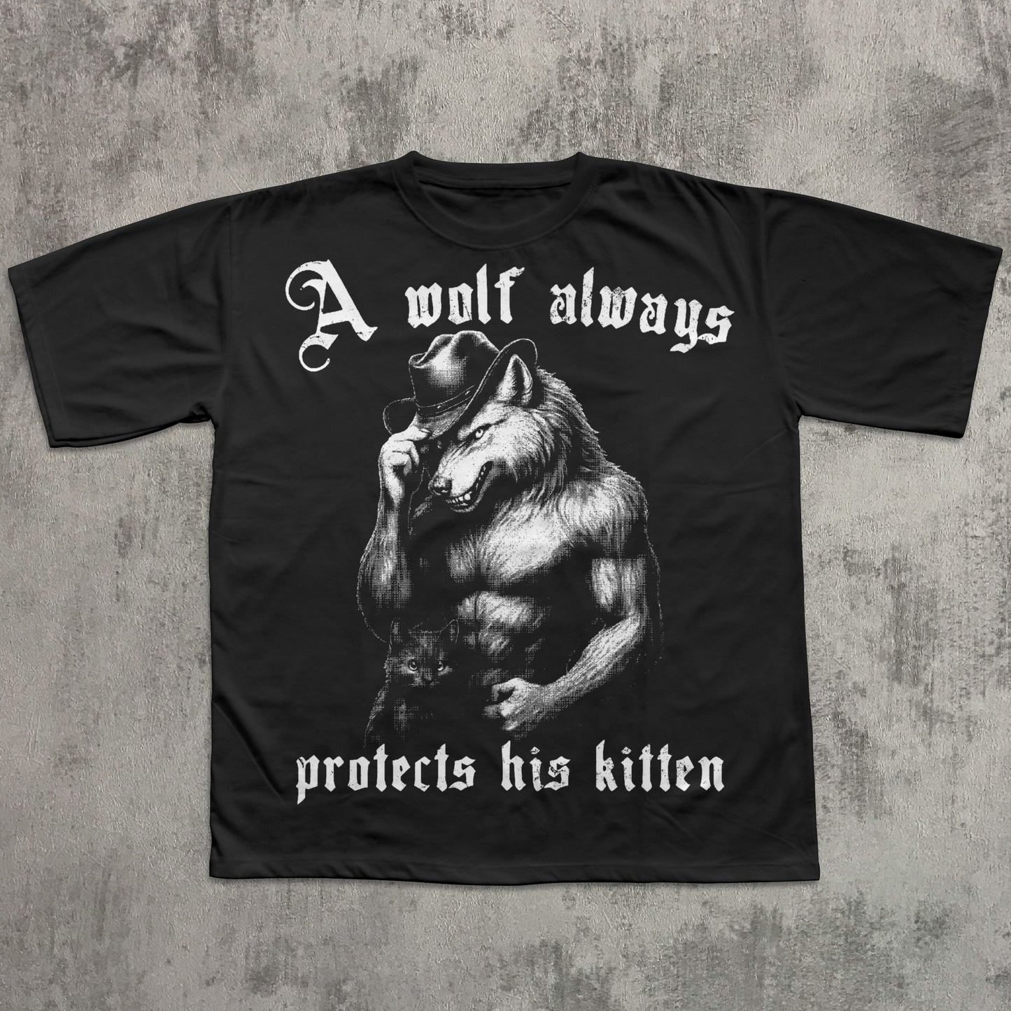 Black t-shirt with a graphic of a wolf wearing a cowboy hat and sunglasses, and text on a textured gray background.