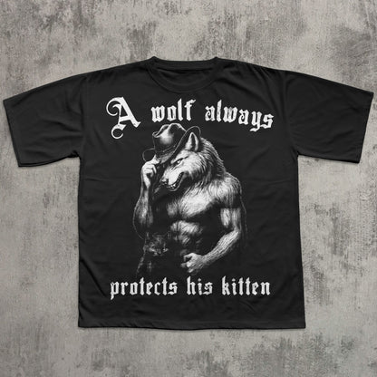 Black t-shirt with a graphic of a wolf wearing a cowboy hat and sunglasses, and text on a textured gray background.
