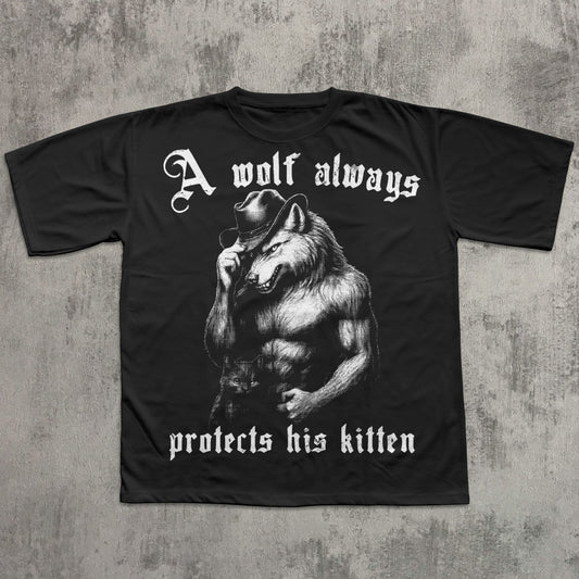 Black t-shirt with a graphic of a wolf wearing a cowboy hat and sunglasses, and text on a textured gray background.