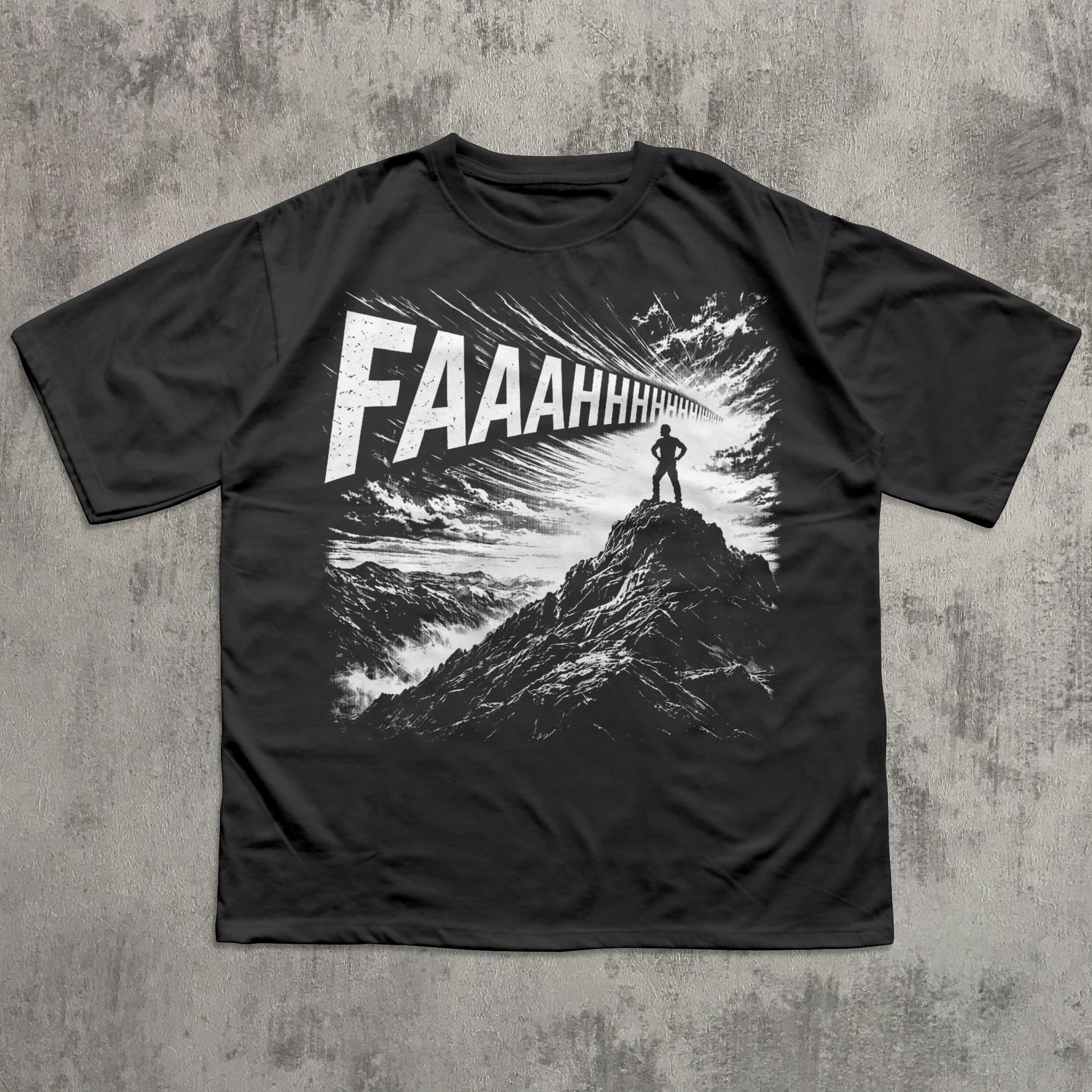 Black t-shirt with graphic design and 'FAAAHHH' text on a textured gray background