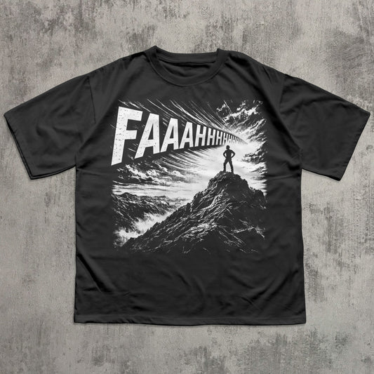 Black t-shirt with graphic design and 'FAAAHHH' text on a textured gray background