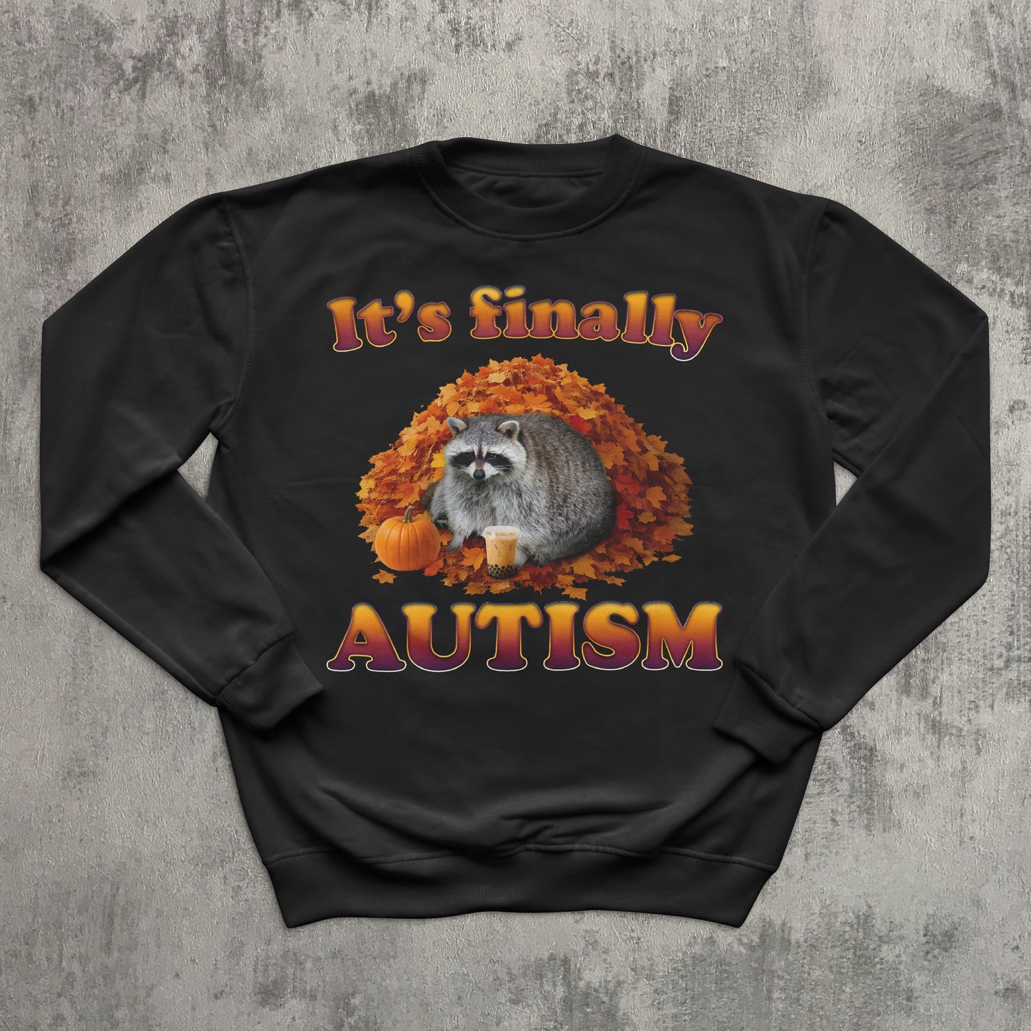 Black sweatshirt with raccoon and autumn design on a textured gray background