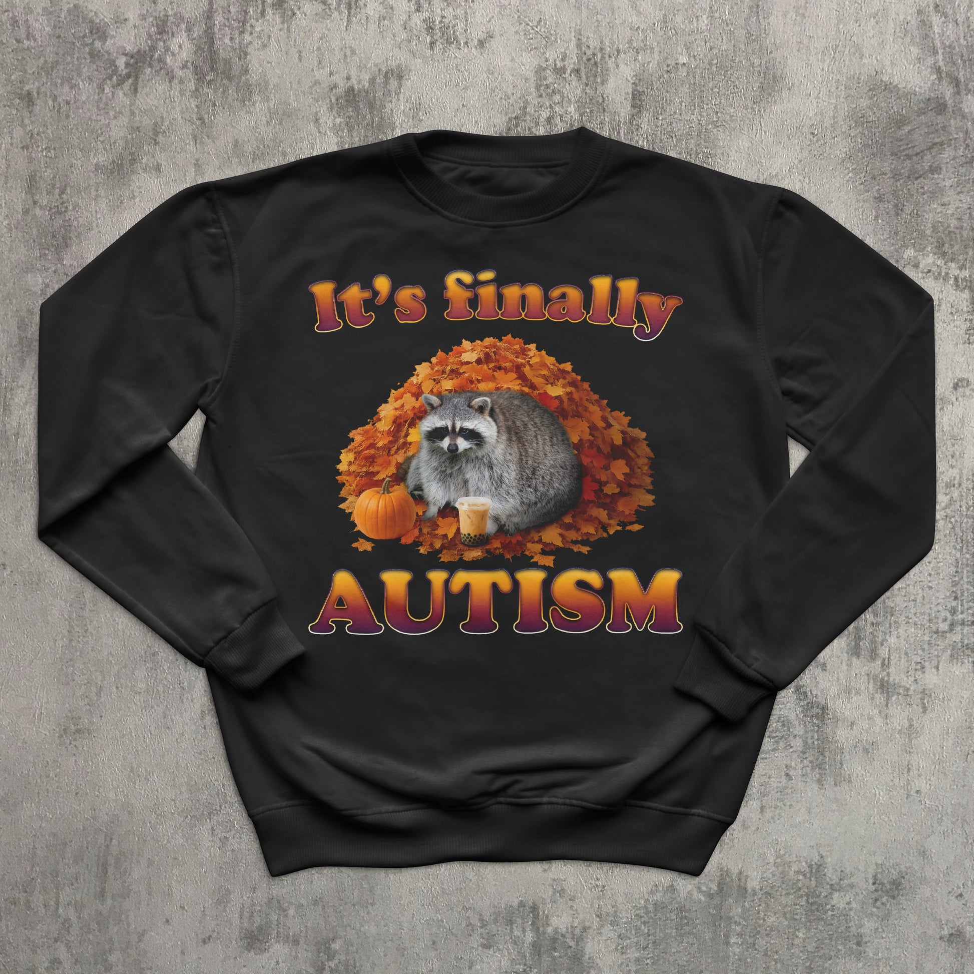 Black sweatshirt with raccoon and autumn design on a textured gray background
