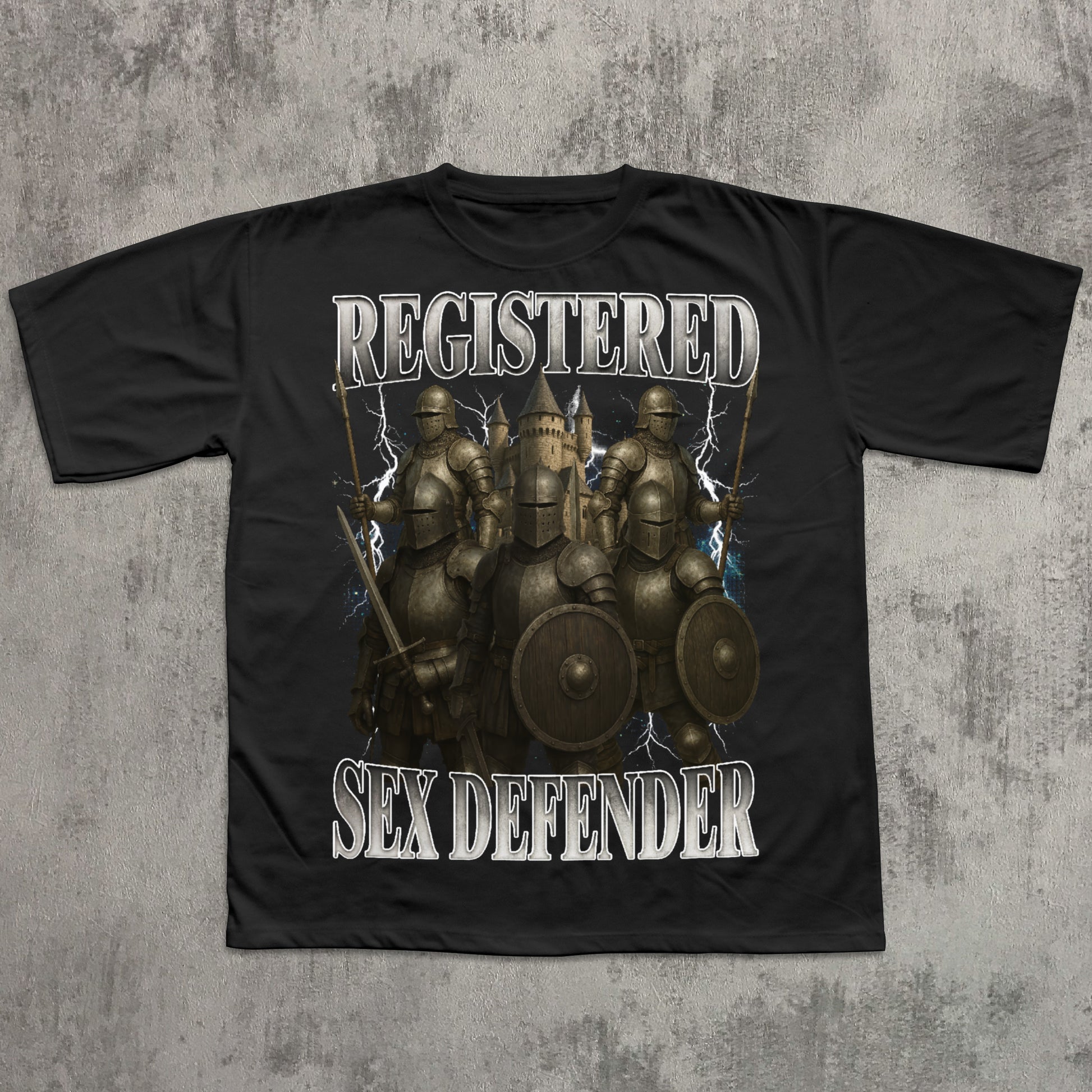 Black t-shirt with warrior graphic and 'Registered Sex Defender' text on a textured gray background
