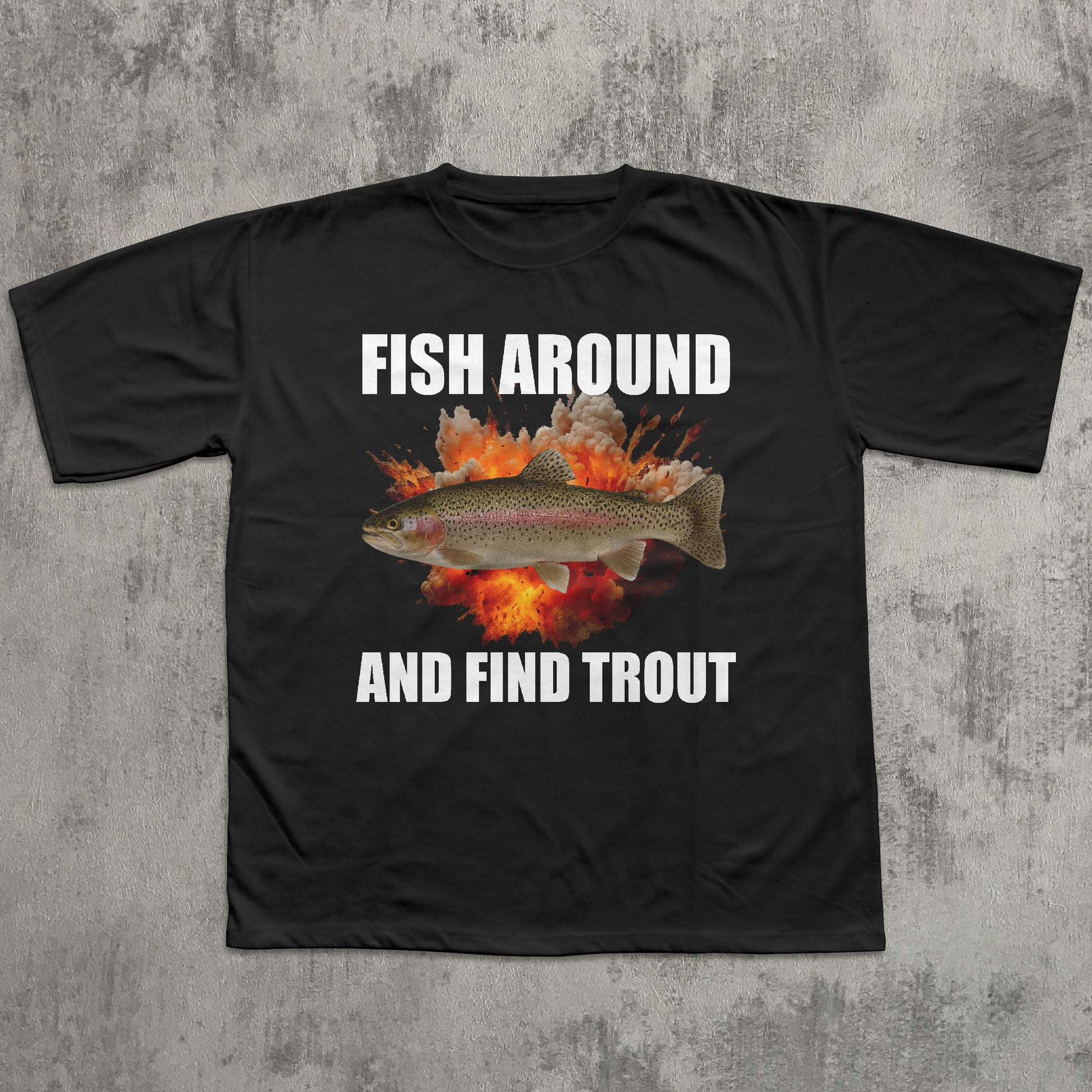 Black t-shirt with a fish graphic and text on a textured gray background