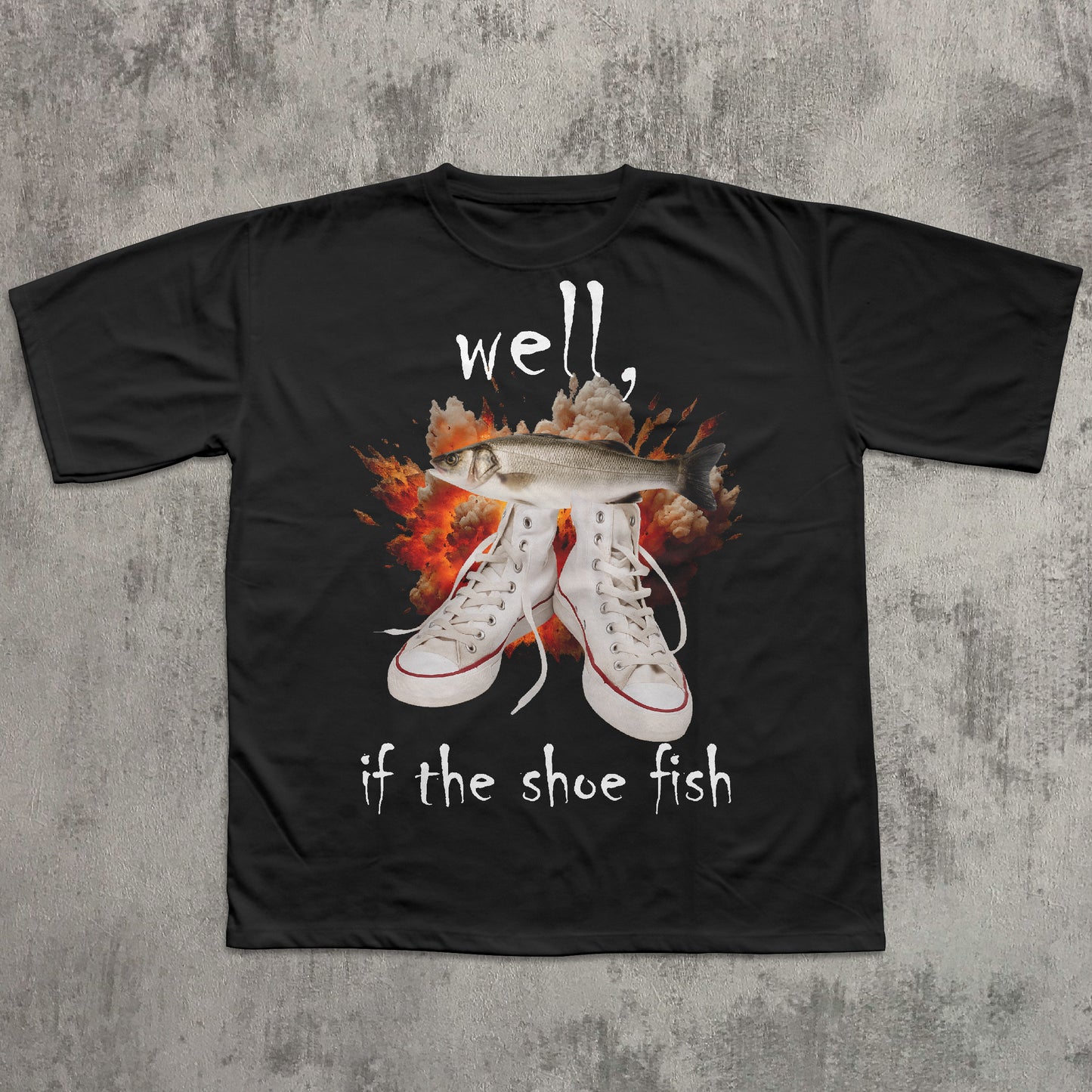 Black t-shirt with graphic design of sneakers and text on a textured gray background