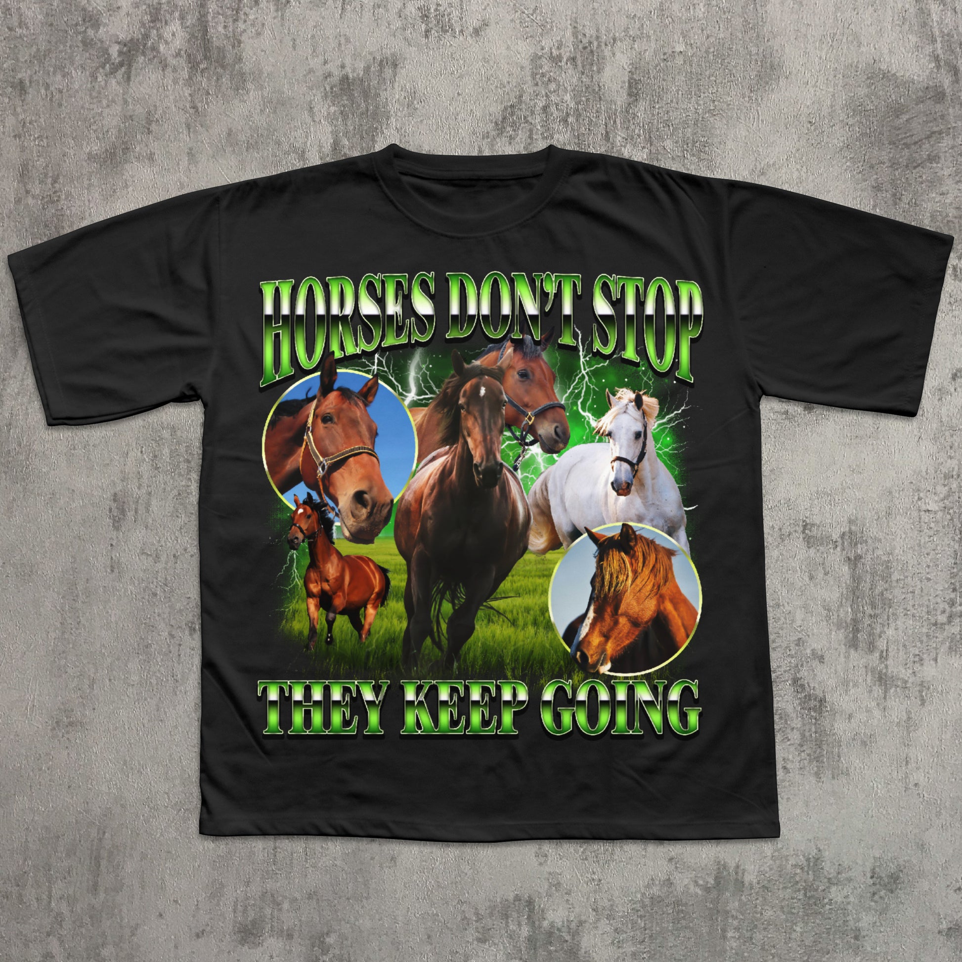 Black t-shirt with horse-themed graphic and text on a textured gray background