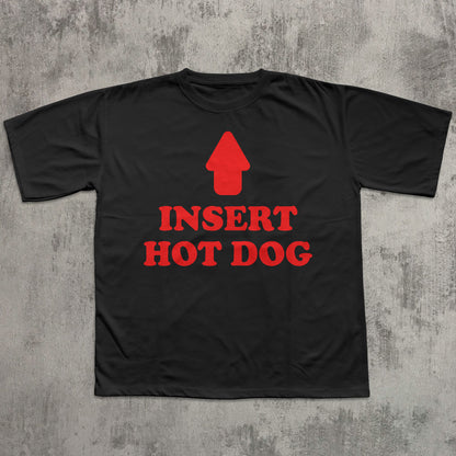 Black t-shirt with red graphic and text 'Insert Hot Dog' on a textured gray background