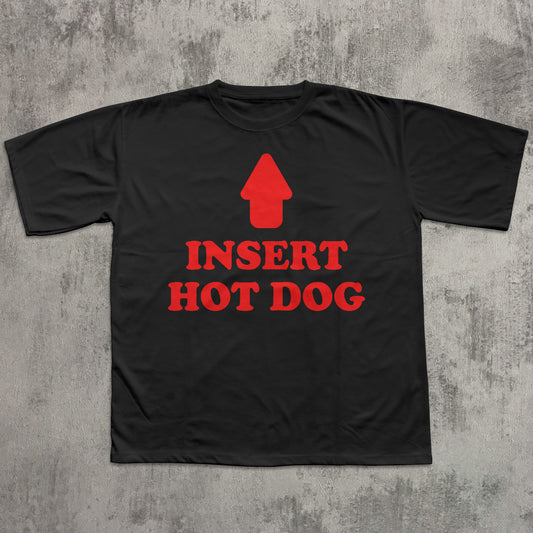 Black t-shirt with red graphic and text 'Insert Hot Dog' on a textured gray background