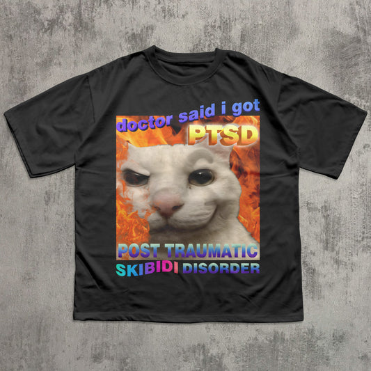 Funny skibidi Black t-shirt with a graphic of a cat and text on a gray textured background