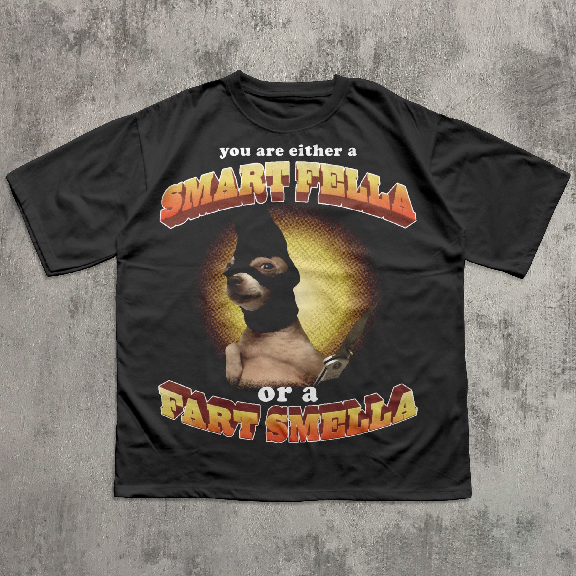 Black t-shirt with a graphic of a dog and text on a textured gray background