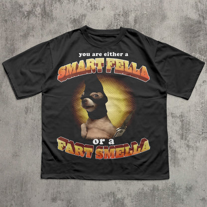Black t-shirt with a graphic of a dog and text on a textured gray background
