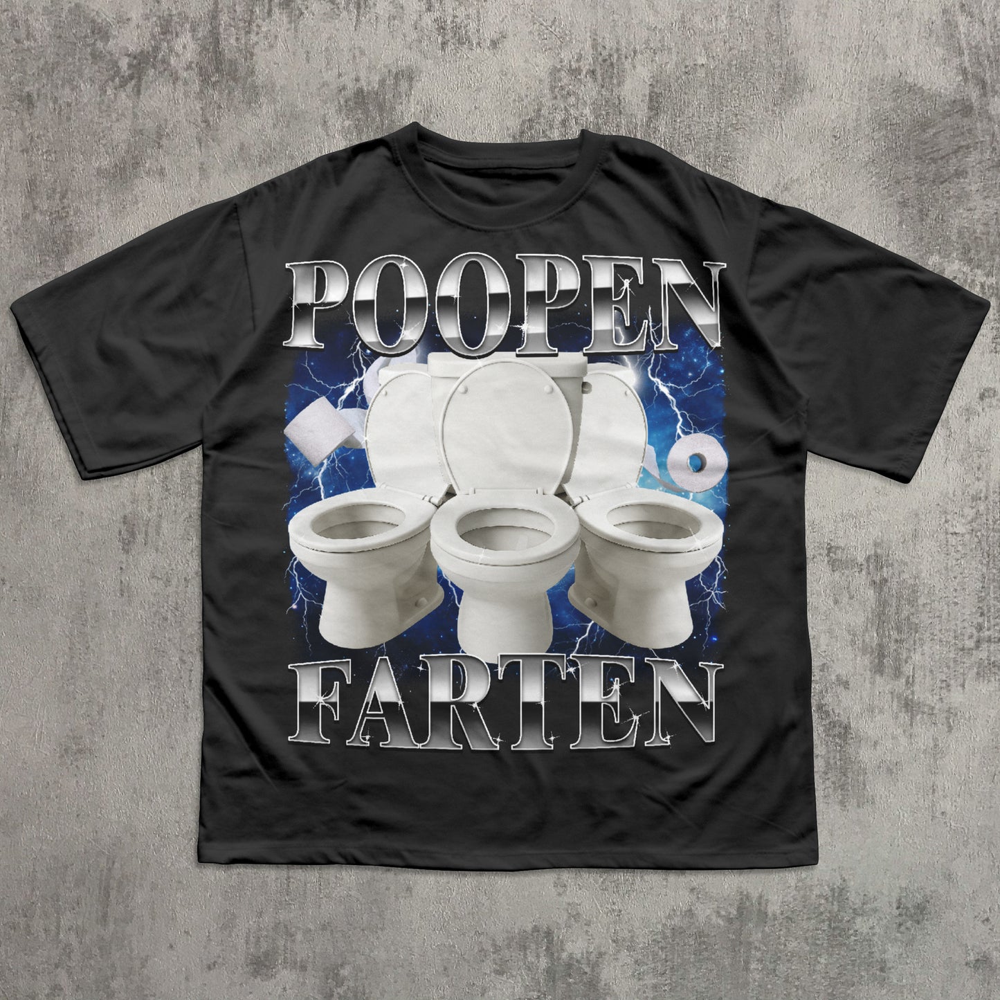 Black t-shirt with a graphic of three toilets and the text 'POOPEN FARTEN' on a concrete background.