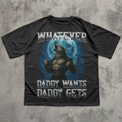 Black t-shirt with a graphic of a wolf and text on a concrete background