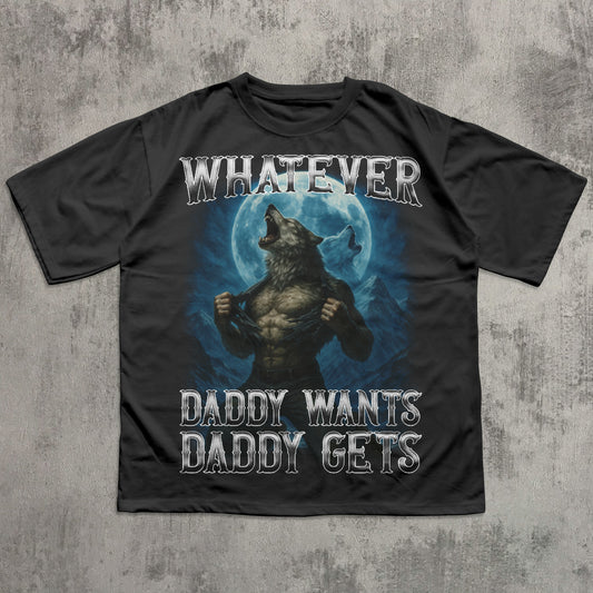 Black t-shirt with a graphic of a wolf and text on a concrete background