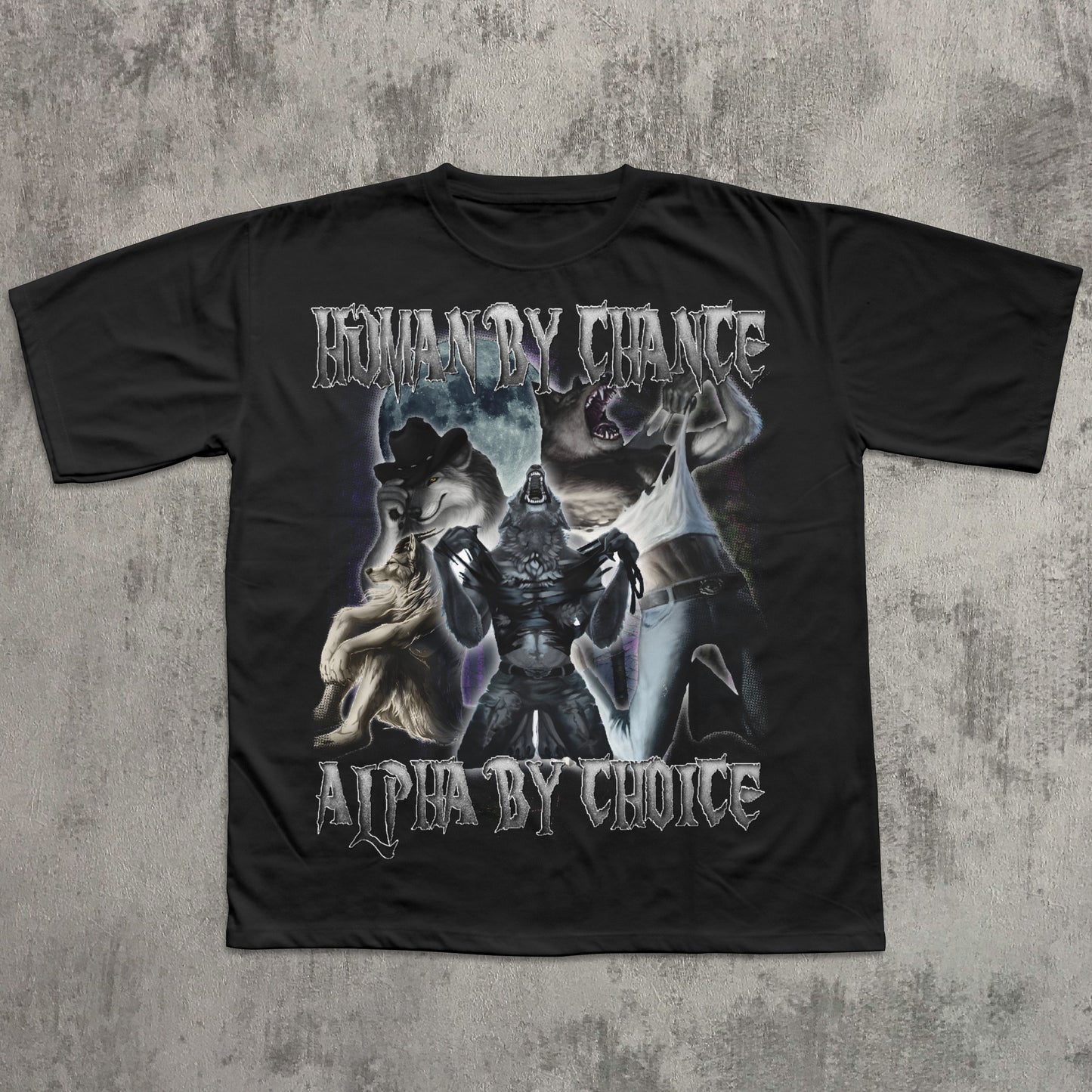 Black t-shirt with graphic design and text on a textured gray background