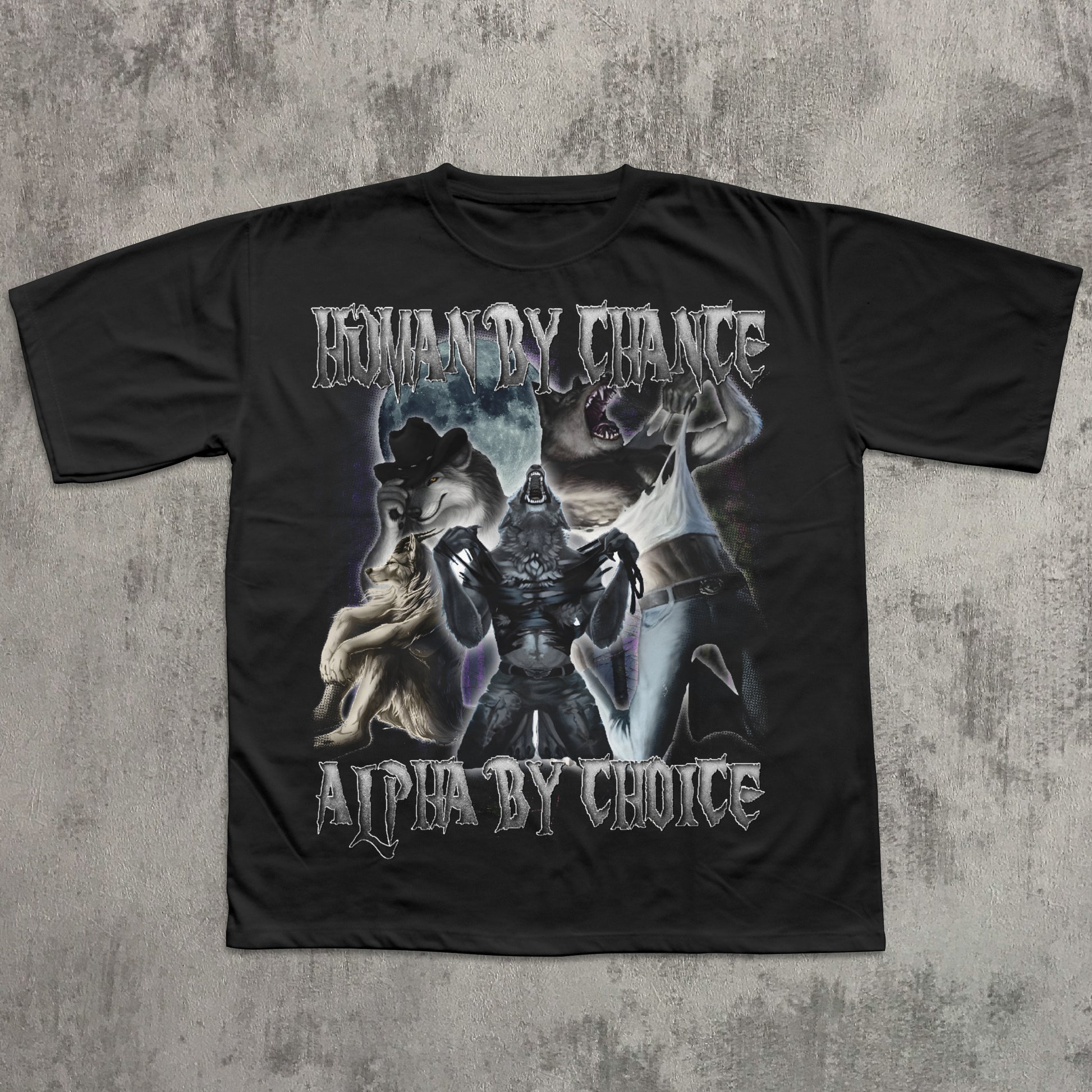 Black t-shirt with graphic design and text on a textured gray background