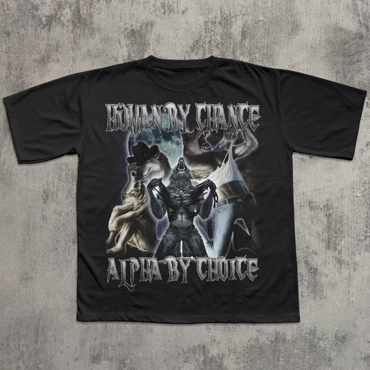 Black t-shirt with graphic design and text on a textured gray background
