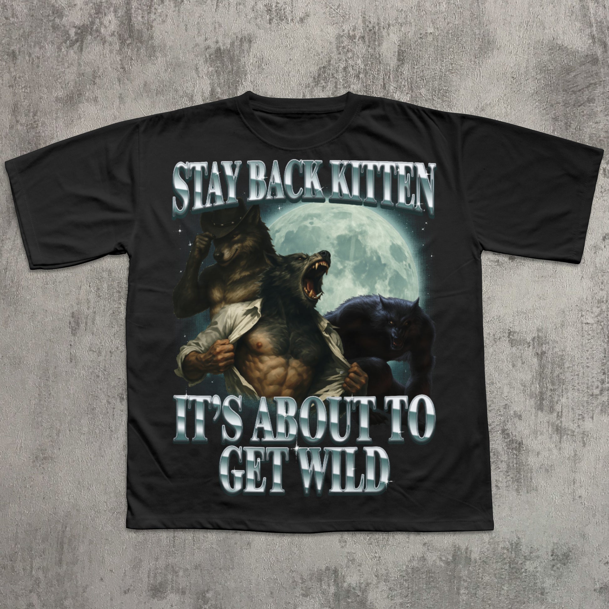 Black t-shirt with graphic design and text on a textured gray background