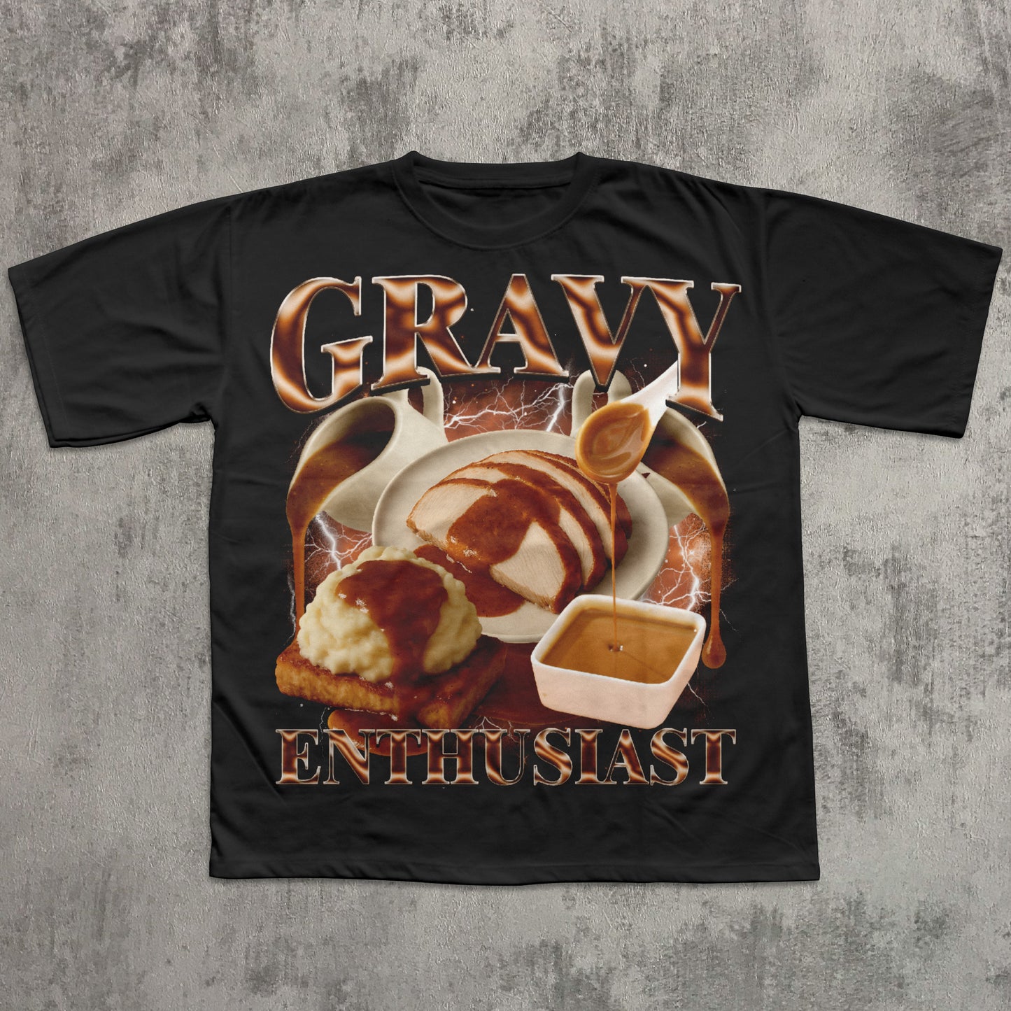 Black t-shirt with 'Gravy Enthusiast' graphic design on a textured gray background