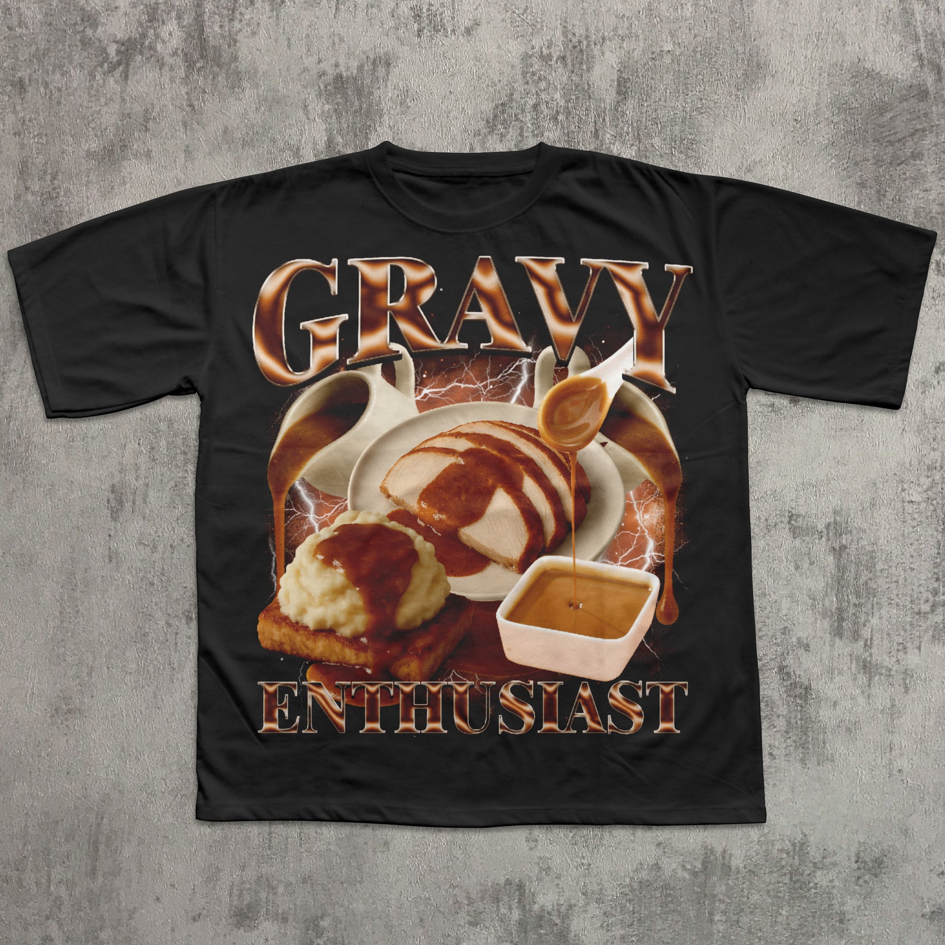 Black t-shirt with 'Gravy Enthusiast' graphic design on a textured gray background