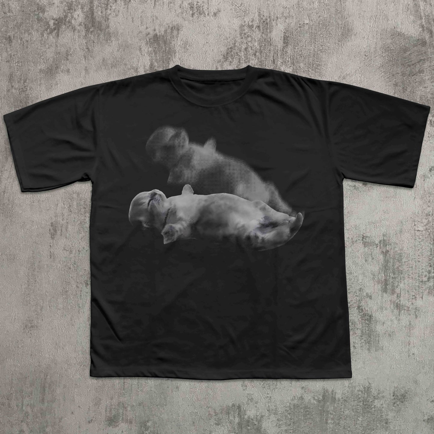 Black t-shirt with a graphic of two bears on a textured gray background