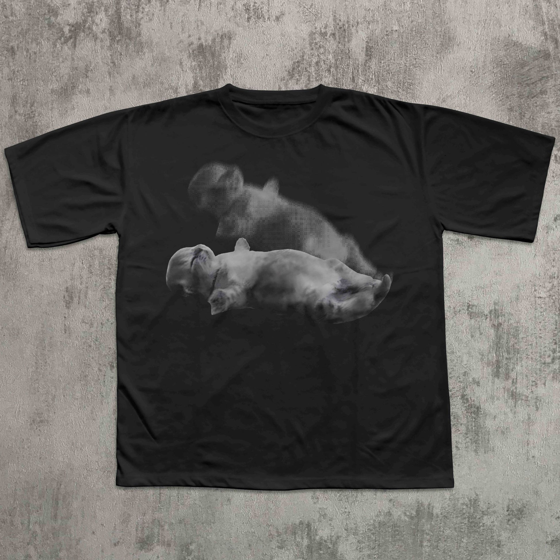 Black t-shirt with a graphic of two bears on a textured gray background