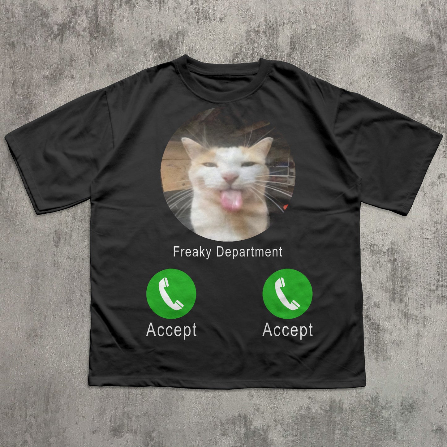 Black t-shirt with a cat graphic and 'Freaky Department' text on a textured gray background