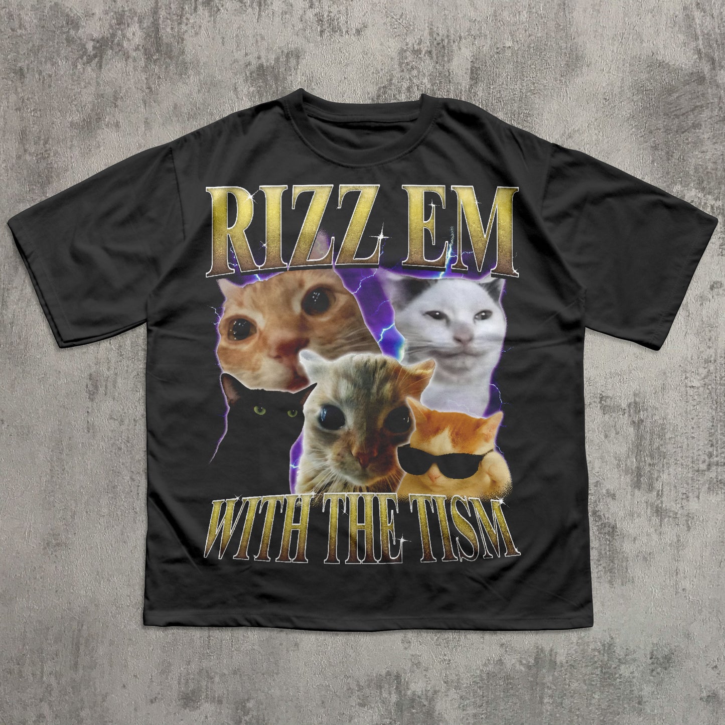 Rizz Em With The Tism Vintage Graphic Tee, Retro 90s Funny Cat Meme Shirt, Weird Shirts