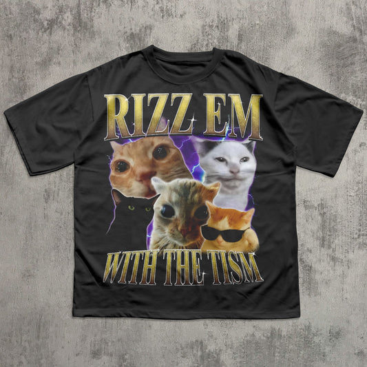 Rizz Em With The Tism Vintage Graphic Tee, Retro 90s Funny Cat Meme Shirt, Weird Shirts