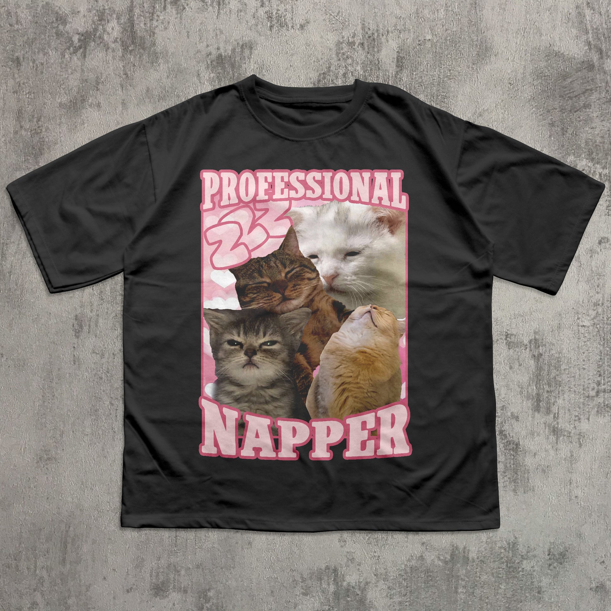 Funny Black t-shirt with a graphic of cats and the text 'Professional Napper' on a textured gray background