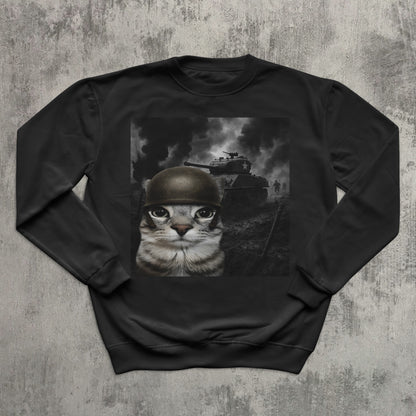 Cat in Battlefield Funny Meme Sweatshirt, Stupid Gifts, Silly Cats Sweater, Kitten Soldier Sweatshirts, Weird Tops, Ugly Sweaters, Cat Lover