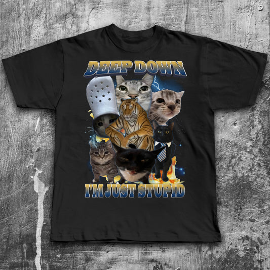 Deep Down Im Just Stupid Funny Cat Meme Tee Shirt