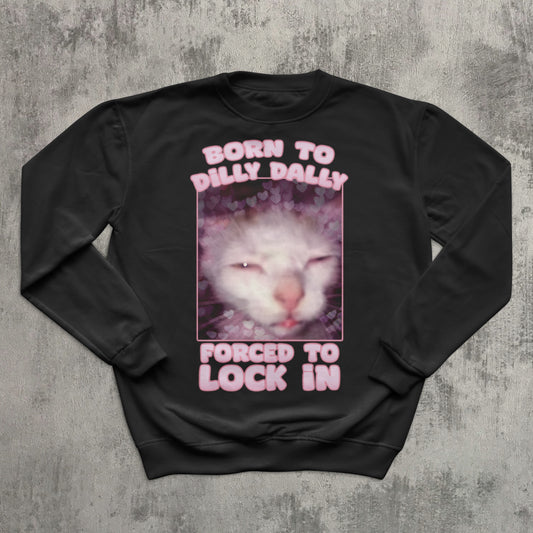 Born to Dilly Dally Forced To Lock In Funny Cat Meme Sweatshirt, Silly Cats Sweater, Ugly Sweathirts