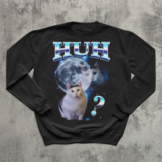 HUH Funny Cat Meme Sweatshirt, Silly Cats Sweater, Ugly Sweaters, Kitten Sweatshirts, Unhinged Clothes, Weird Tops, Confused Cat Top Gift