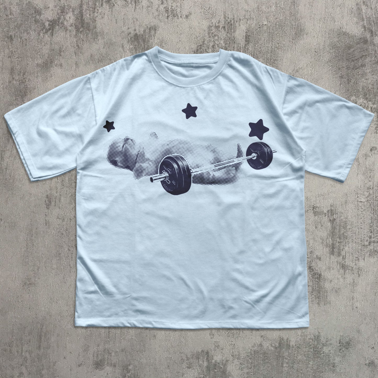 White t-shirt with a barbell and cat graphic