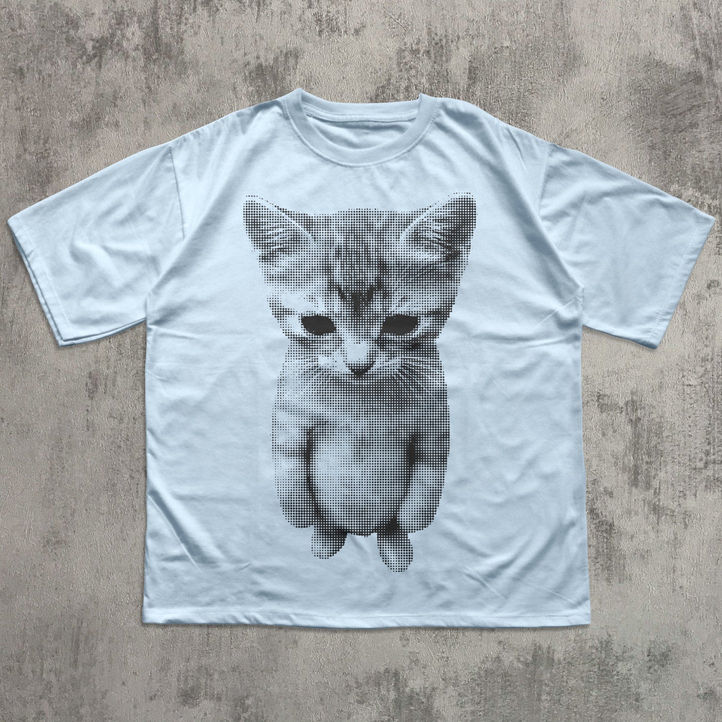 Stylish cat illustration tee with detailed halftone feline print