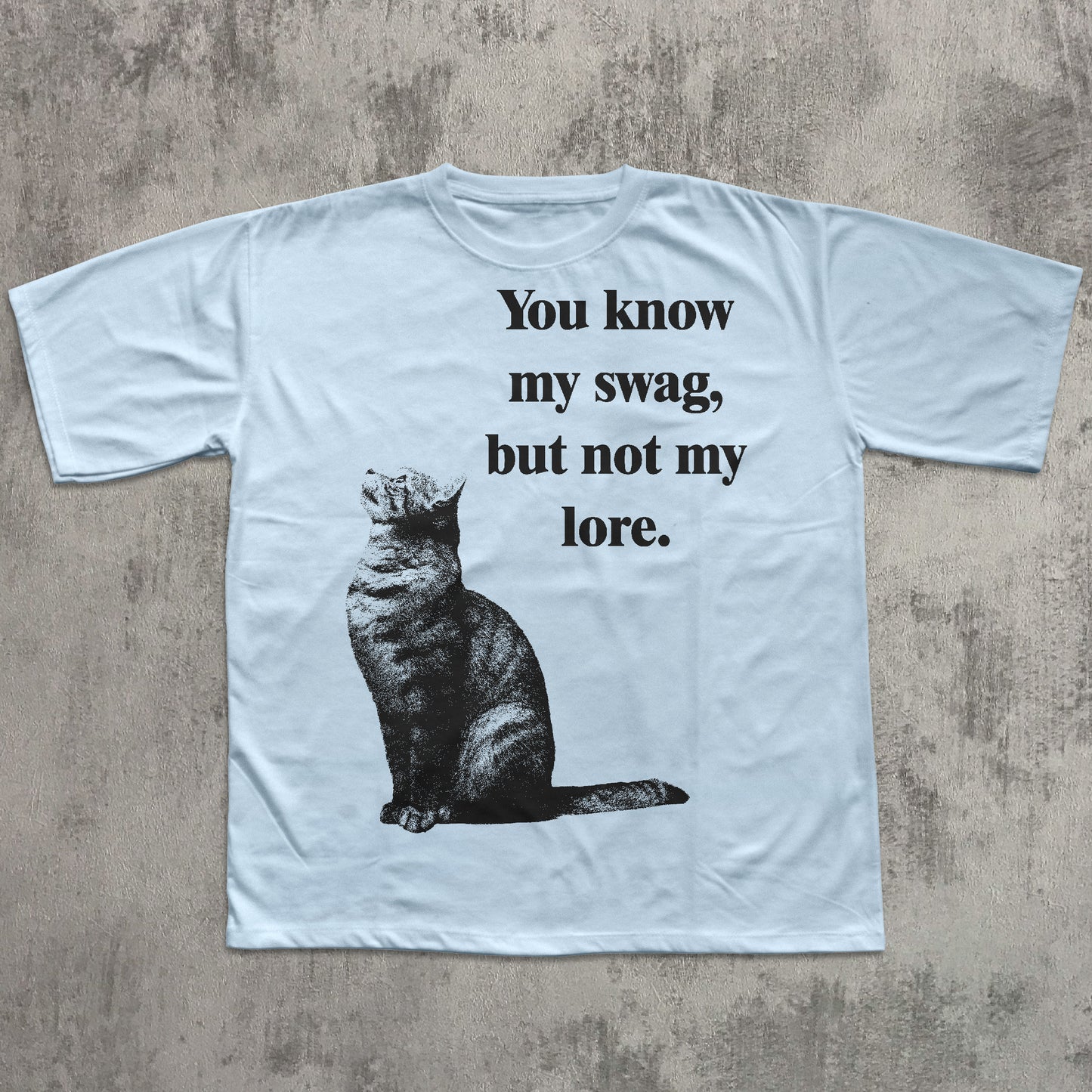 Light blue t-shirt with a cat graphic and text on a concrete surface