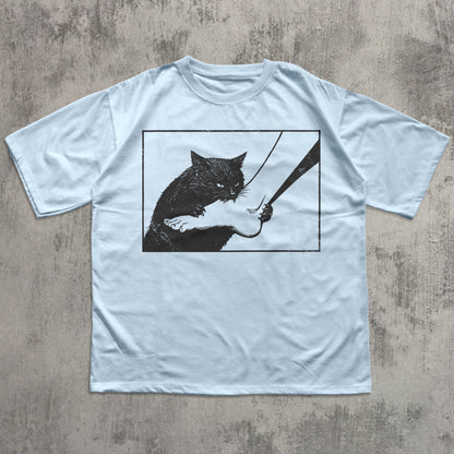Vintage style black cat illustration shirt, humorous cat lover graphic tee