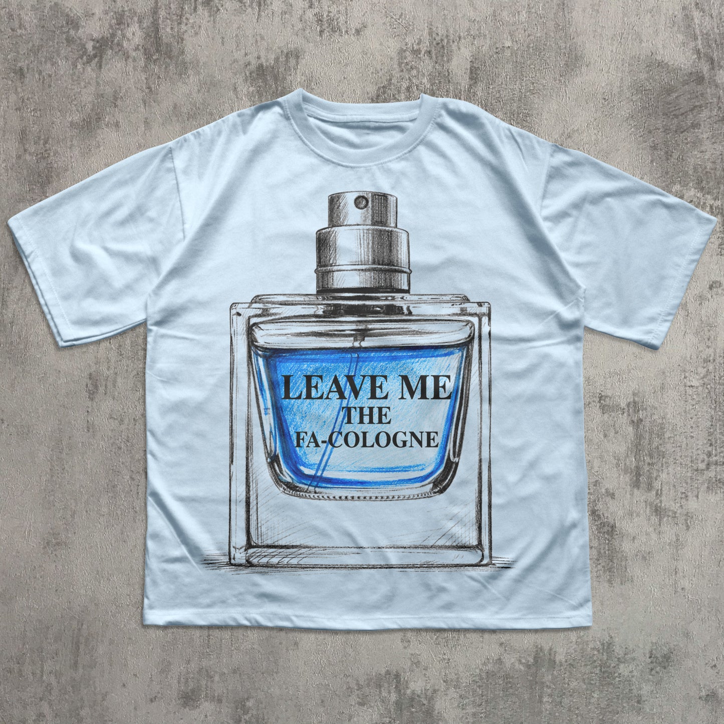 White t-shirt with a graphic of a cologne bottle and text on a concrete surface