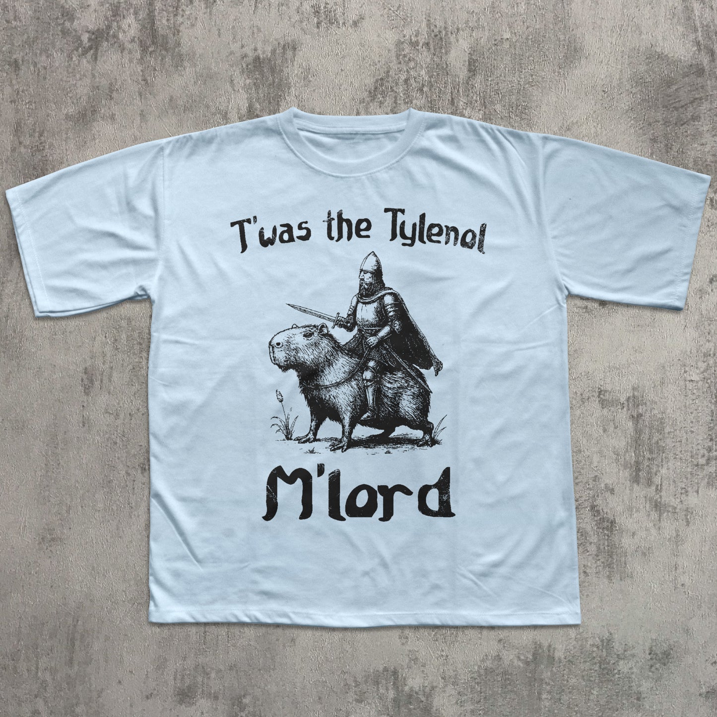 Light blue t-shirt with a graphic of a warrior on a boar and text on a concrete surface