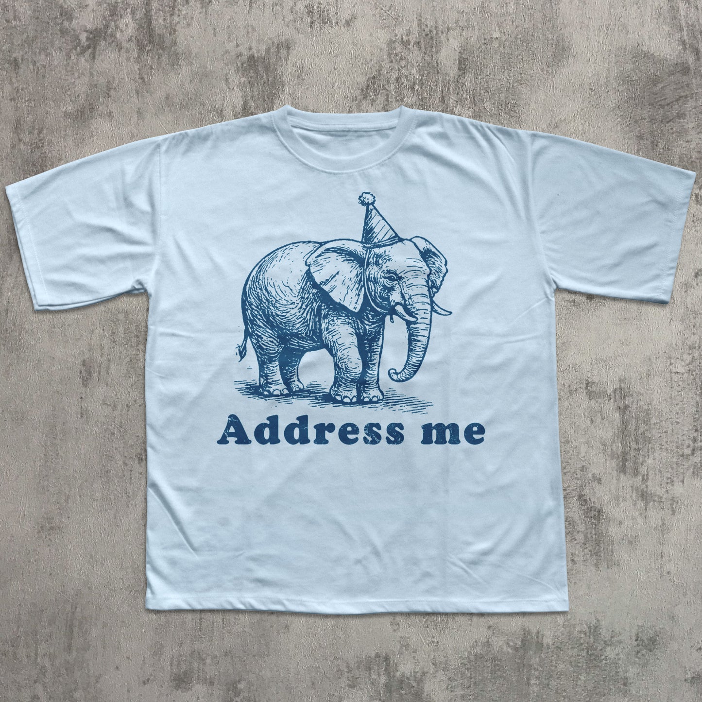 Light blue t-shirt with an elephant graphic and 'Address me' text on a textured gray background