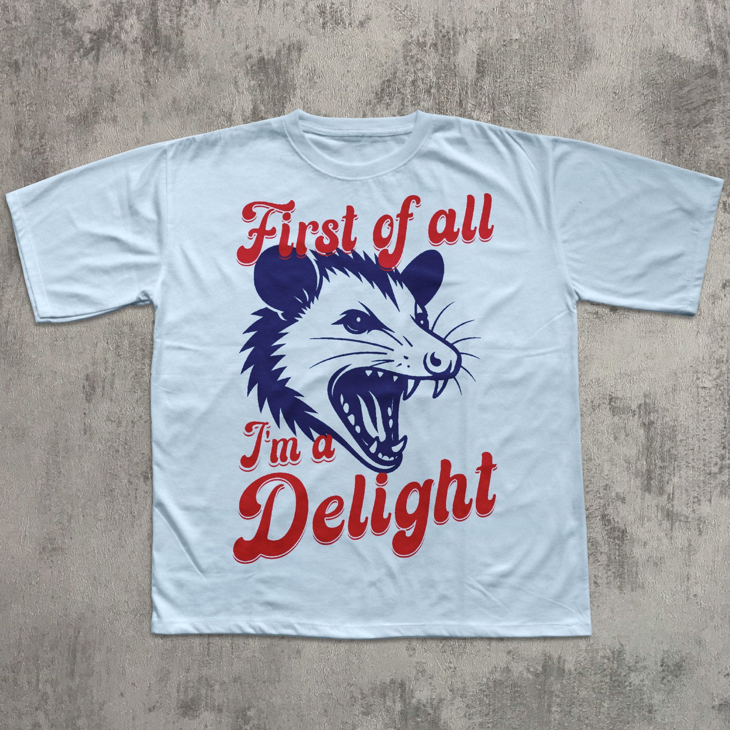 White t-shirt with a graphic of an opossum and text on a concrete surface