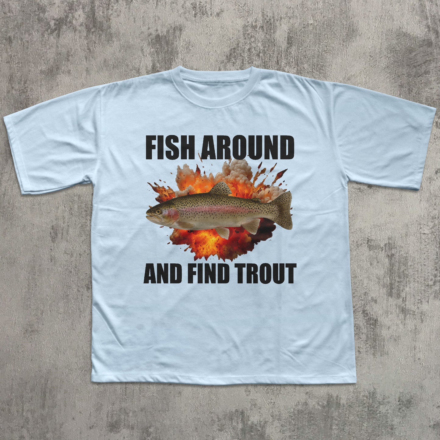 Light blue t-shirt with a fish graphic and text on a textured gray background