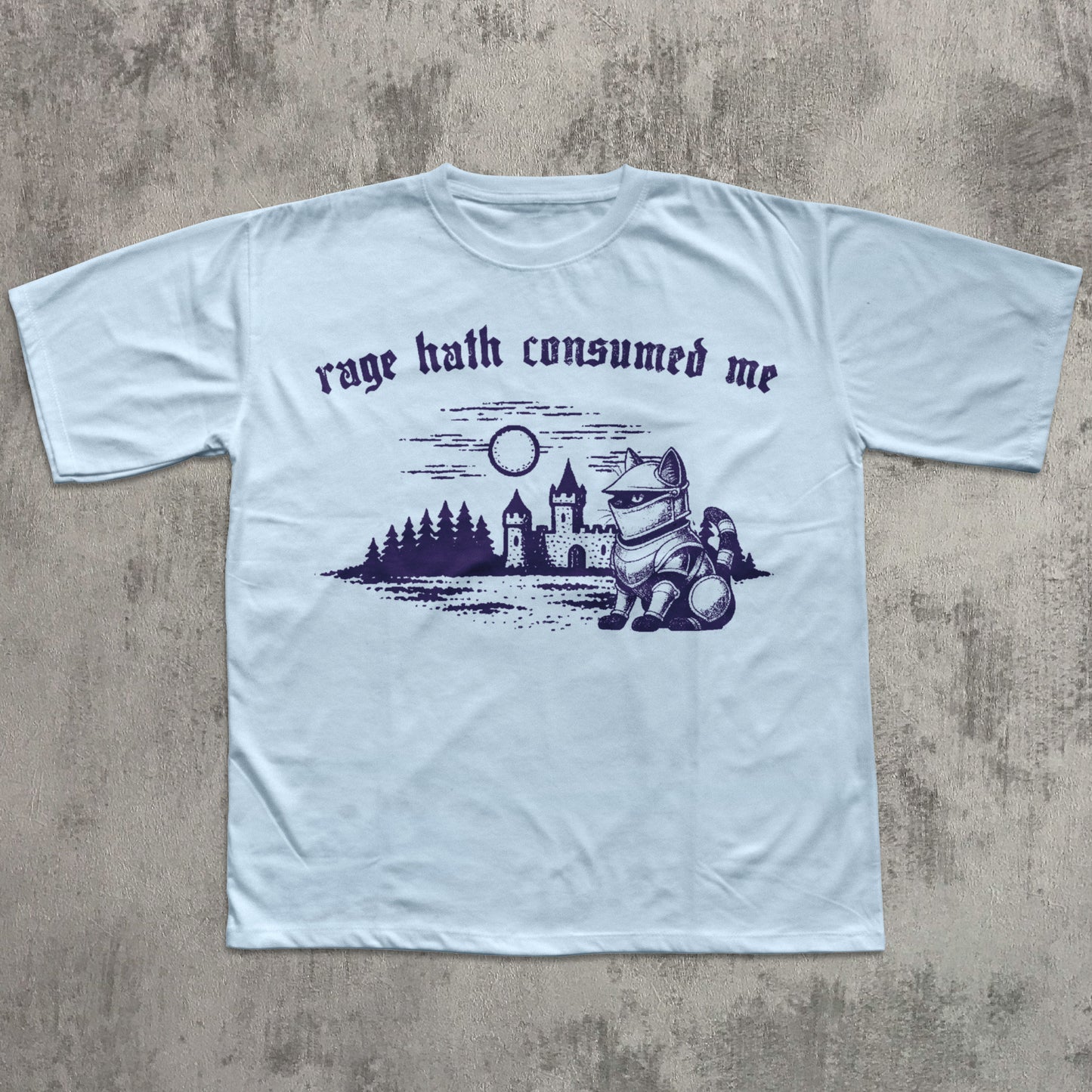 Light blue t-shirt with purple graphic and text on a textured gray background