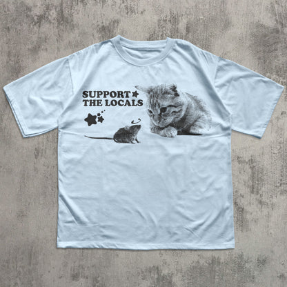 Support The Locals Y2k Cat And Mouse T-shirt, Vintage Graphic Cats Tee, Retro Kitten Shirt